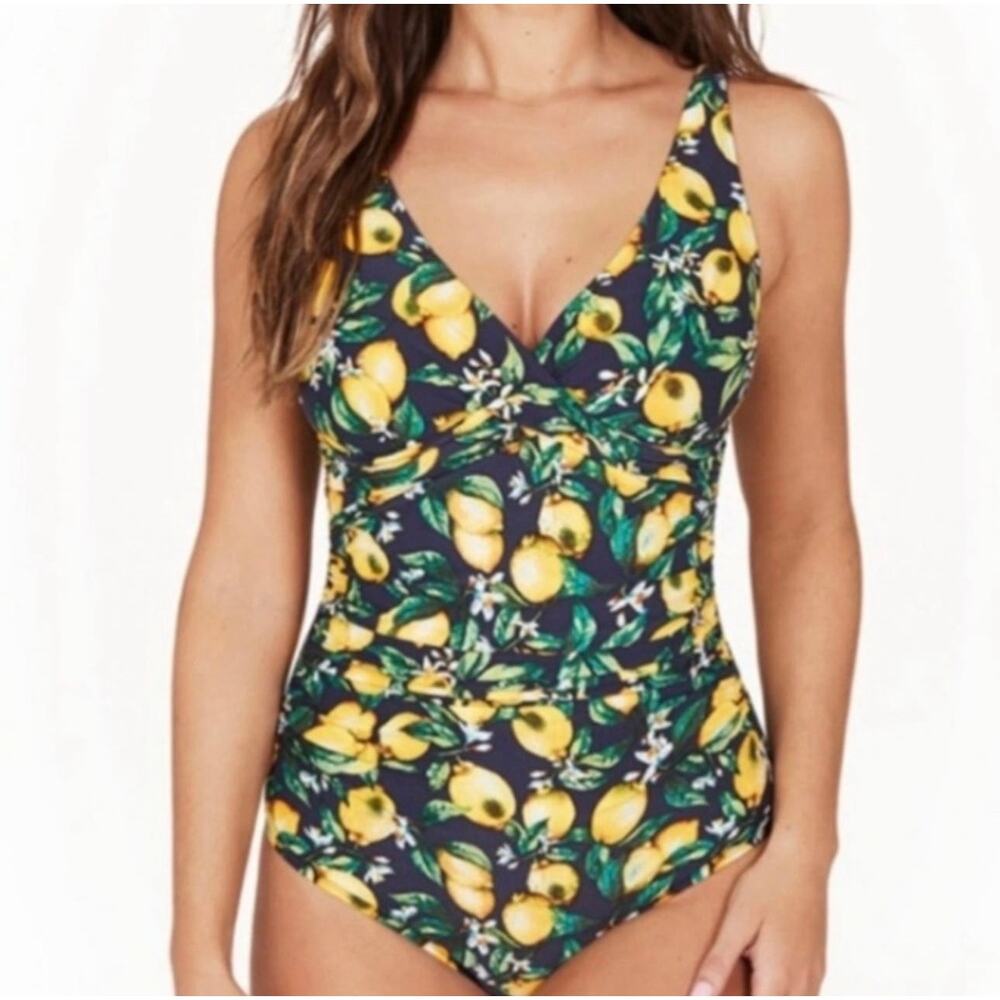 Niptuck Swim sz 10 Louise one piece bathing suit navy blue yellow lemon